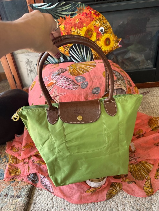 Longchamp Handbags - Longchamp Green Nylon Tote – Like New – Brown Leather Handles – Classic Le Pliag